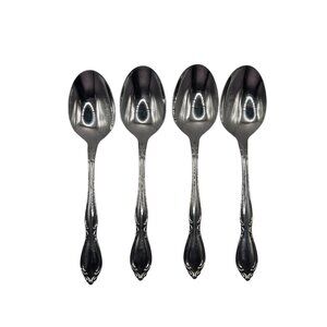 Oneida Strathmore Stainless Steel table Spoons Set Of 4 Deluxe Scroll Design Glo